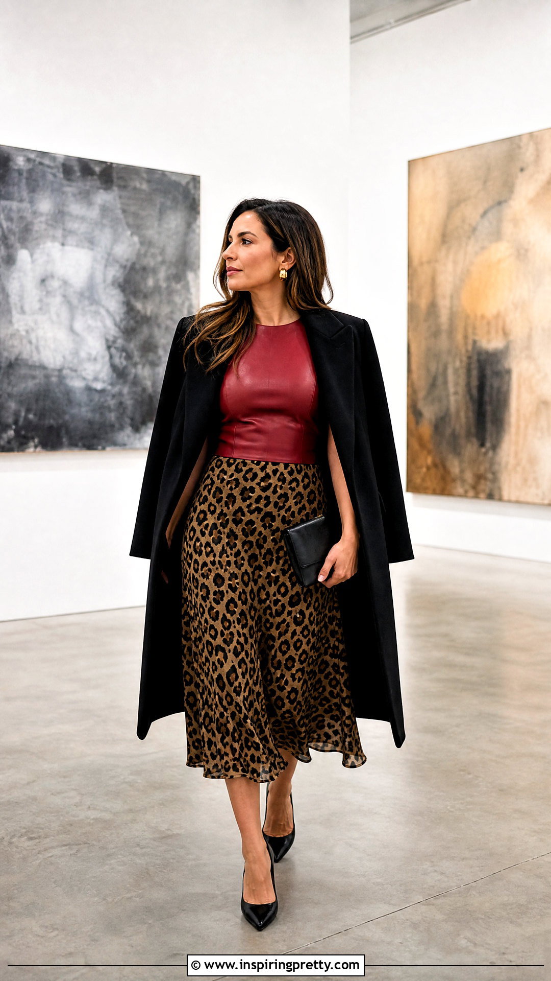 Red Leather Top With Leopard Midi Skirt - 50 red leather top outfit ideas