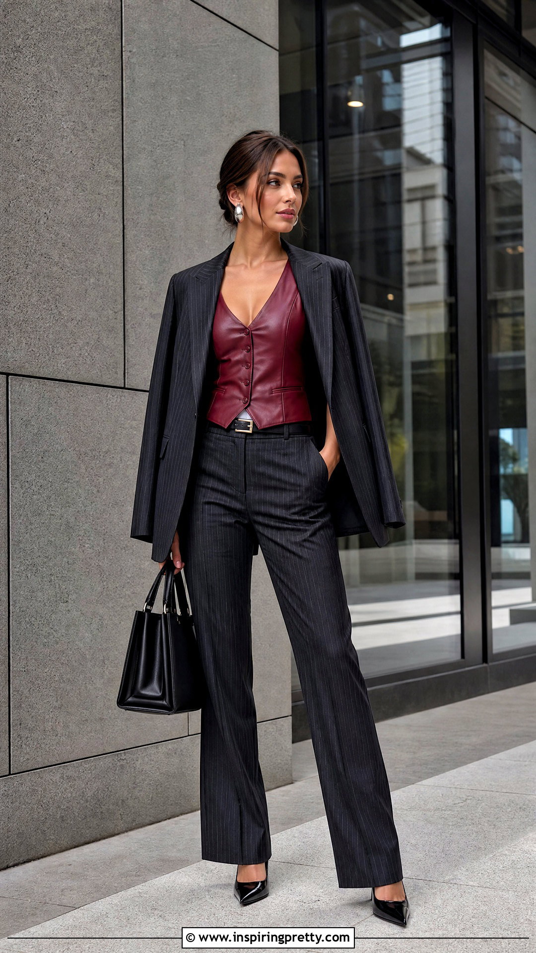 Red Leather Top With Pinstripe Trousers - 50 red leather top outfit ideas