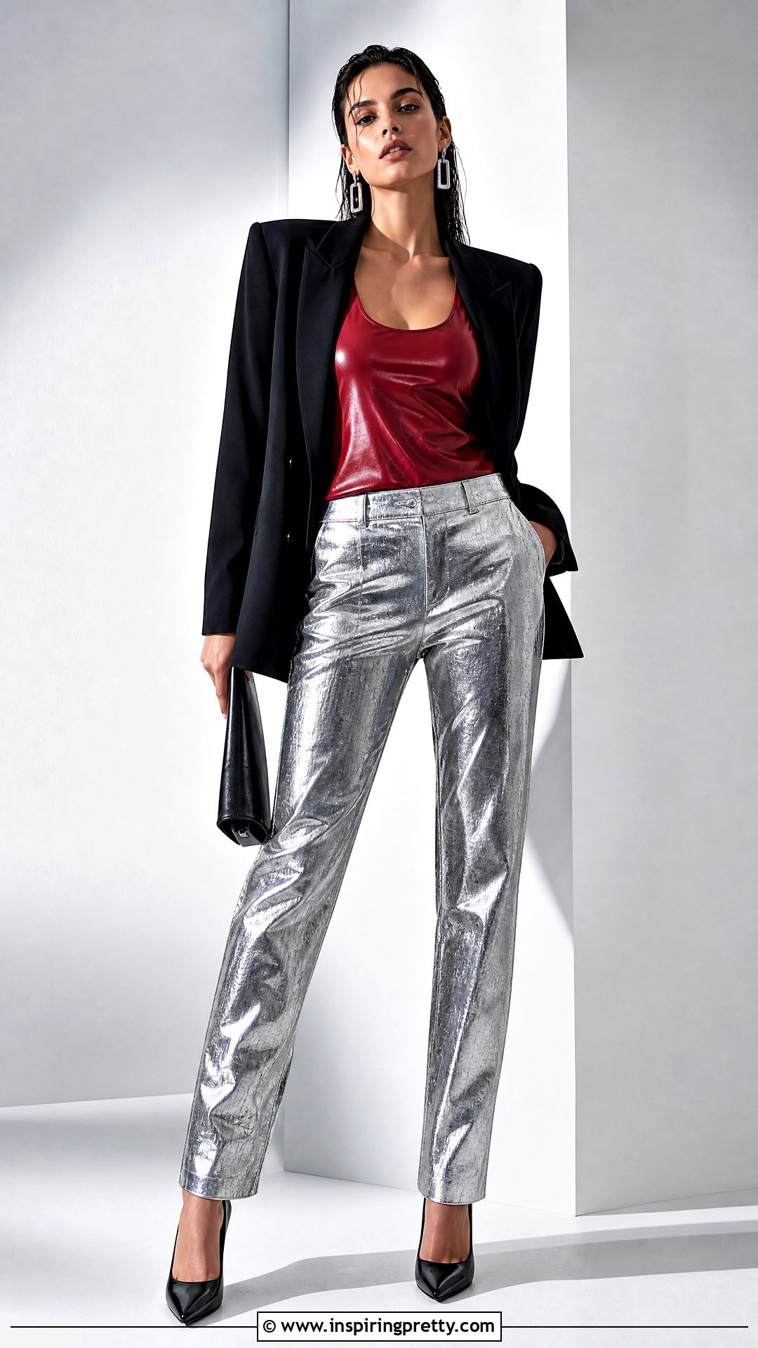 Red Leather Top With Silver Metallic Pants - 50 red leather top outfit ideas