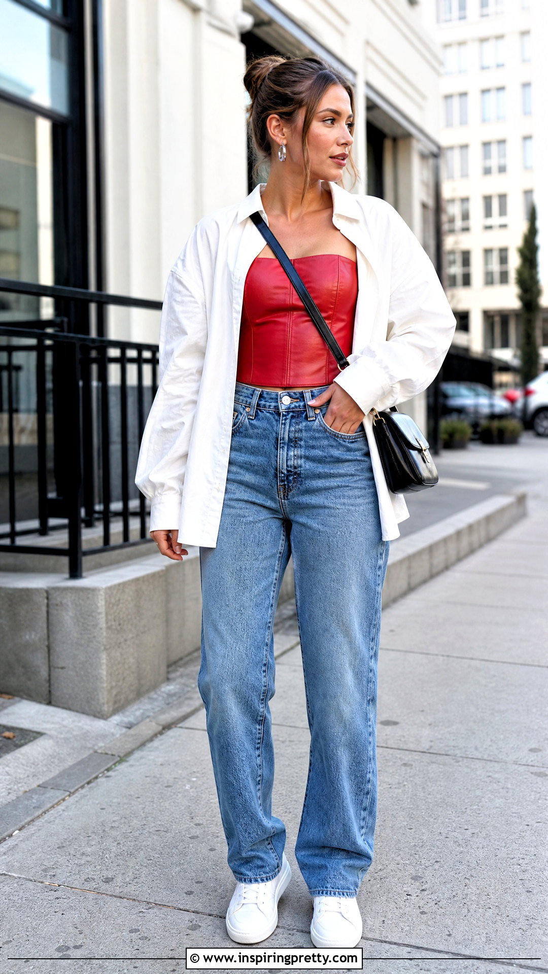 Red Leather Top With Straight Leg Jeans - 50 red leather top outfit ideas