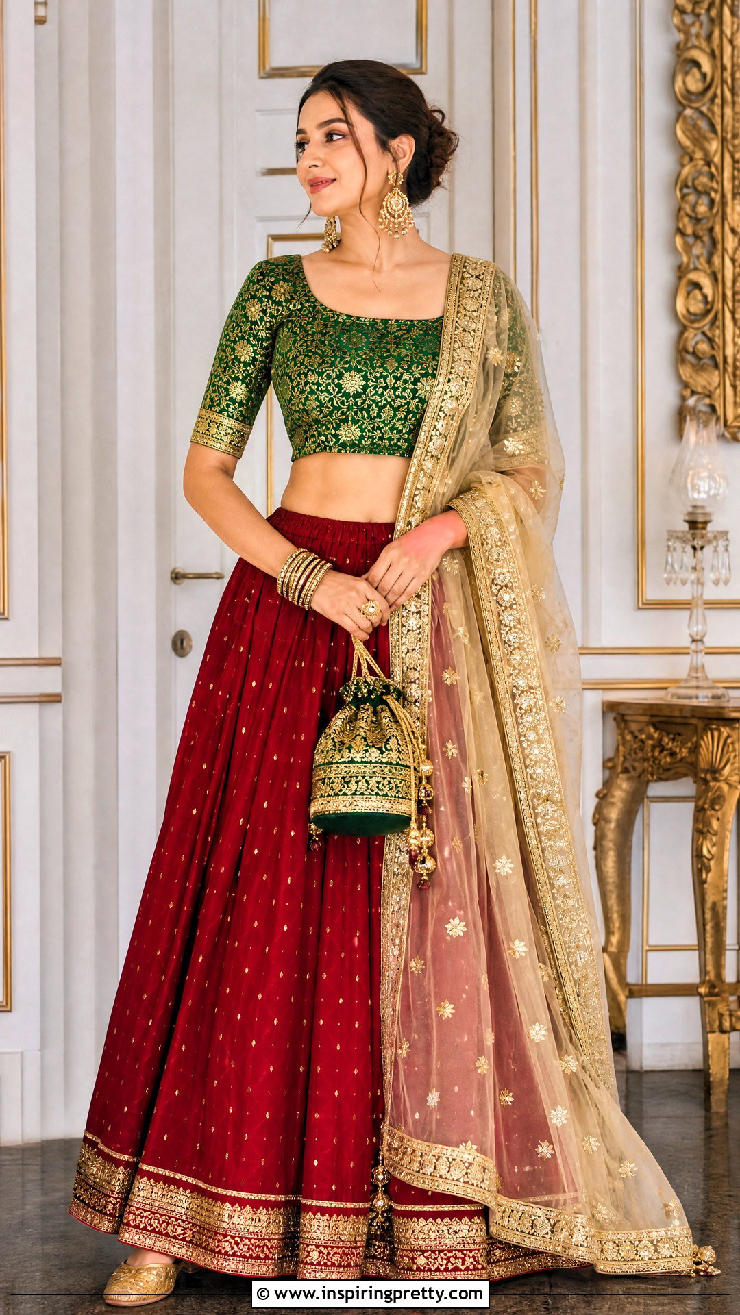 Red Lehenga Skirt And Green Blouse - 50 skirt and top traditional outfit ideas