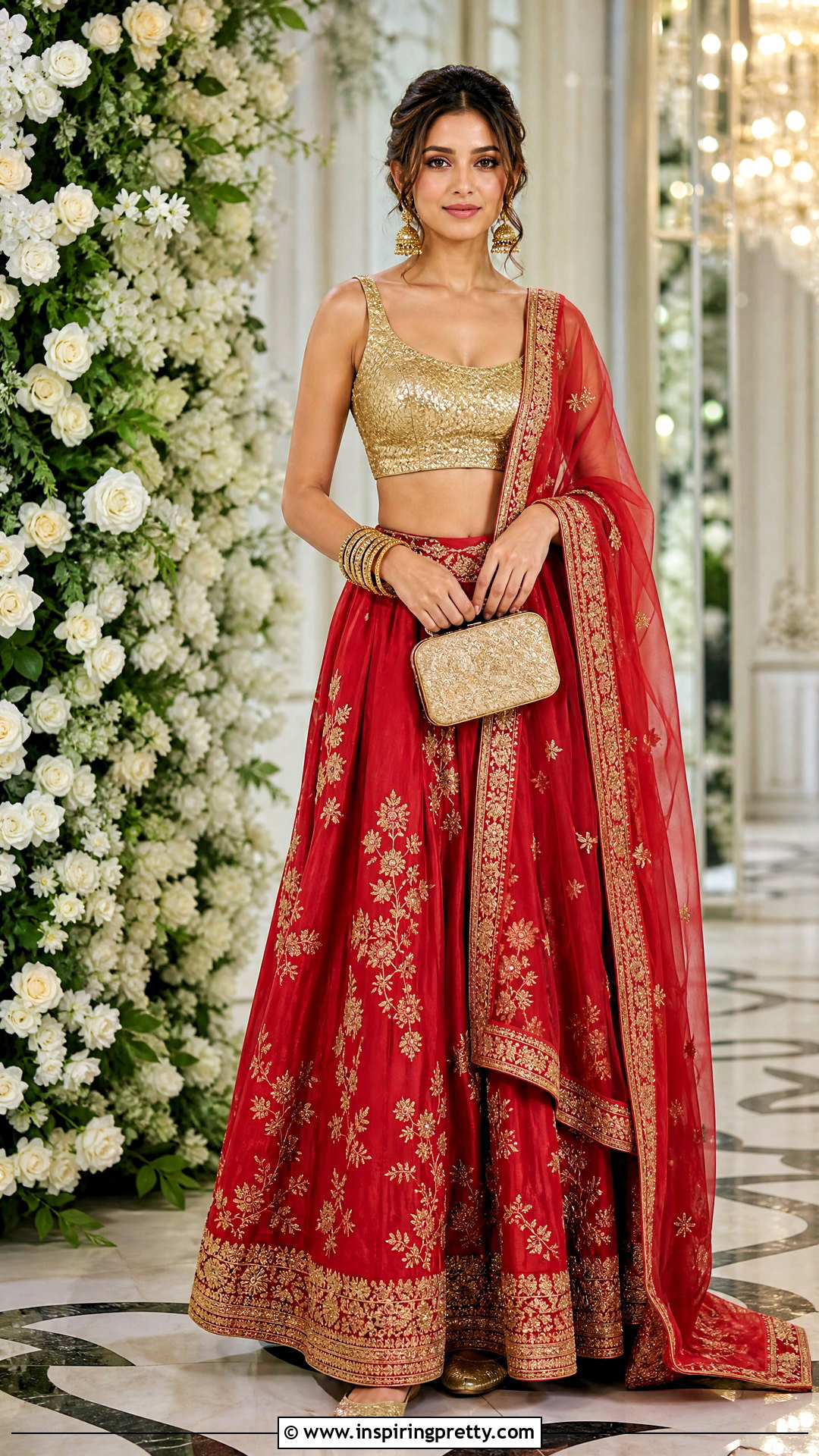 Red Lehenga Skirt With Gold Blouse - 50 traditional skirt and top outfits