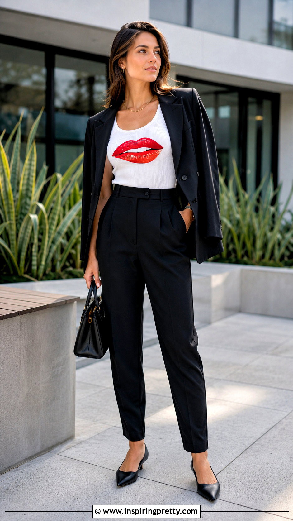 Red Lips Tank Top With Black Tailored Trousers - 25 lips tank tops