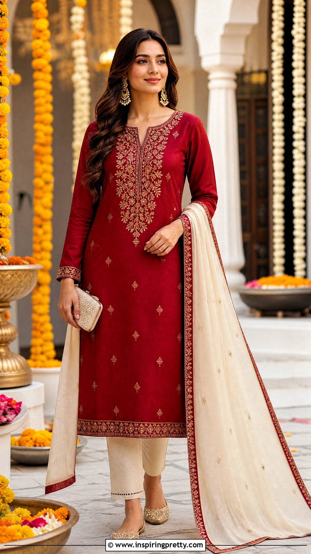 Red Long Kurtha Top With Cream Pants - 20 long kurtha tops for women