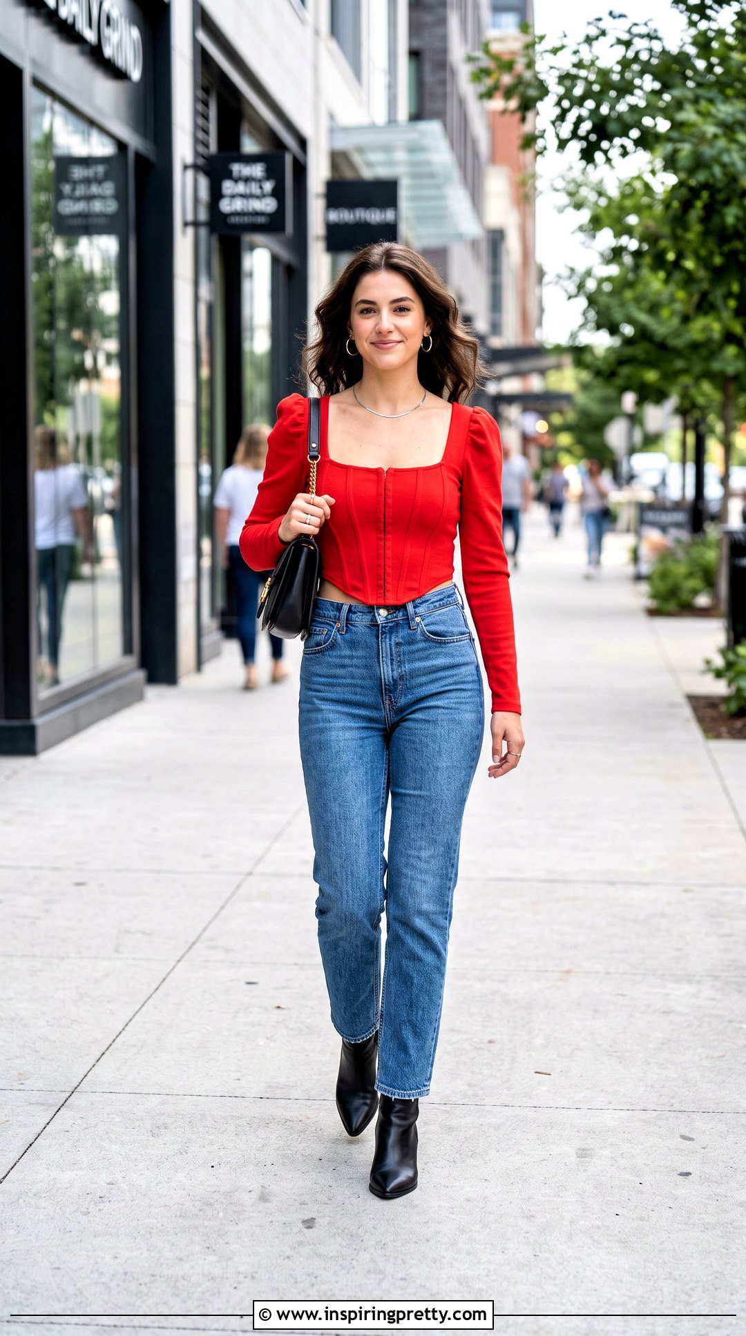 Red Long Sleeve Corset Top With Straight Leg Jeans - 25 Red Corset Top With Sleeves