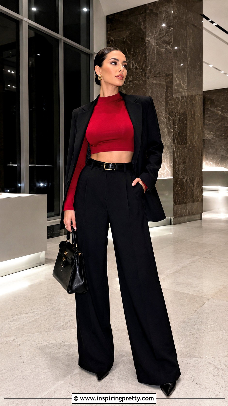 Red Long Sleeve Crop Top With Black Pants - 50 Long Sleeve Crop Top Outfits