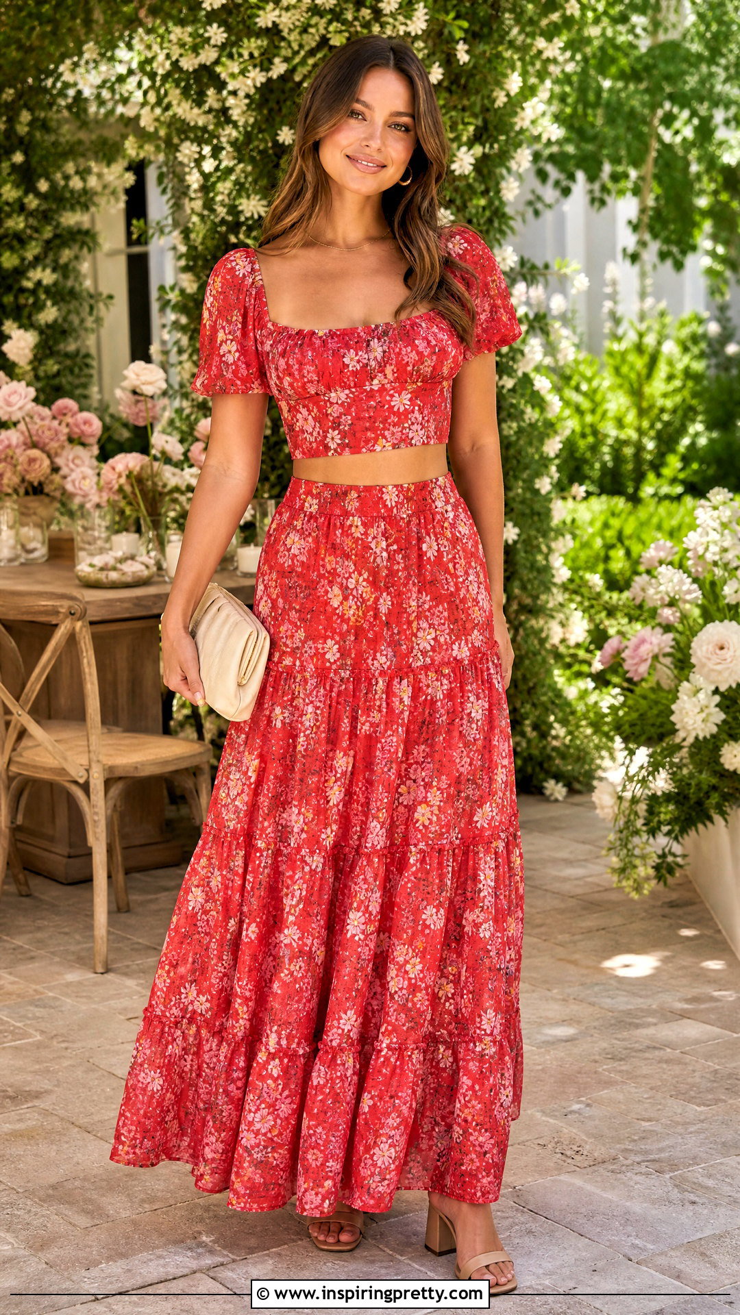 Red LoveShackFancy Floral Maxi Skirt And Top - 20 love shack fancy skirt and top set outfit ideas
