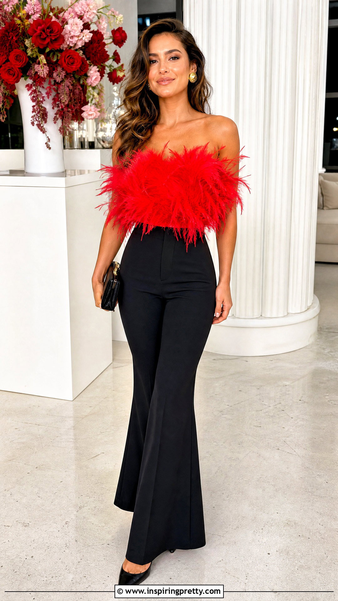 Red Marabou Top With Black Trousers - 20 Marabou Top outfit ideas