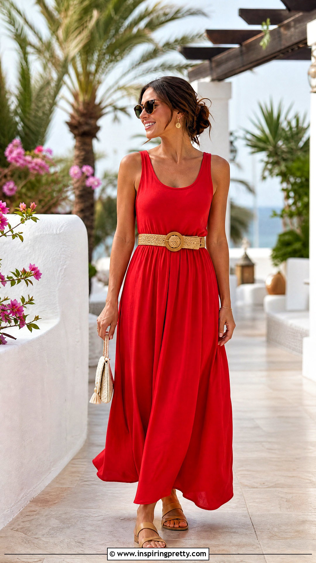 Red Maxi Tank Dress With Neutral Sandals - 50 tank top dress outfit ideas