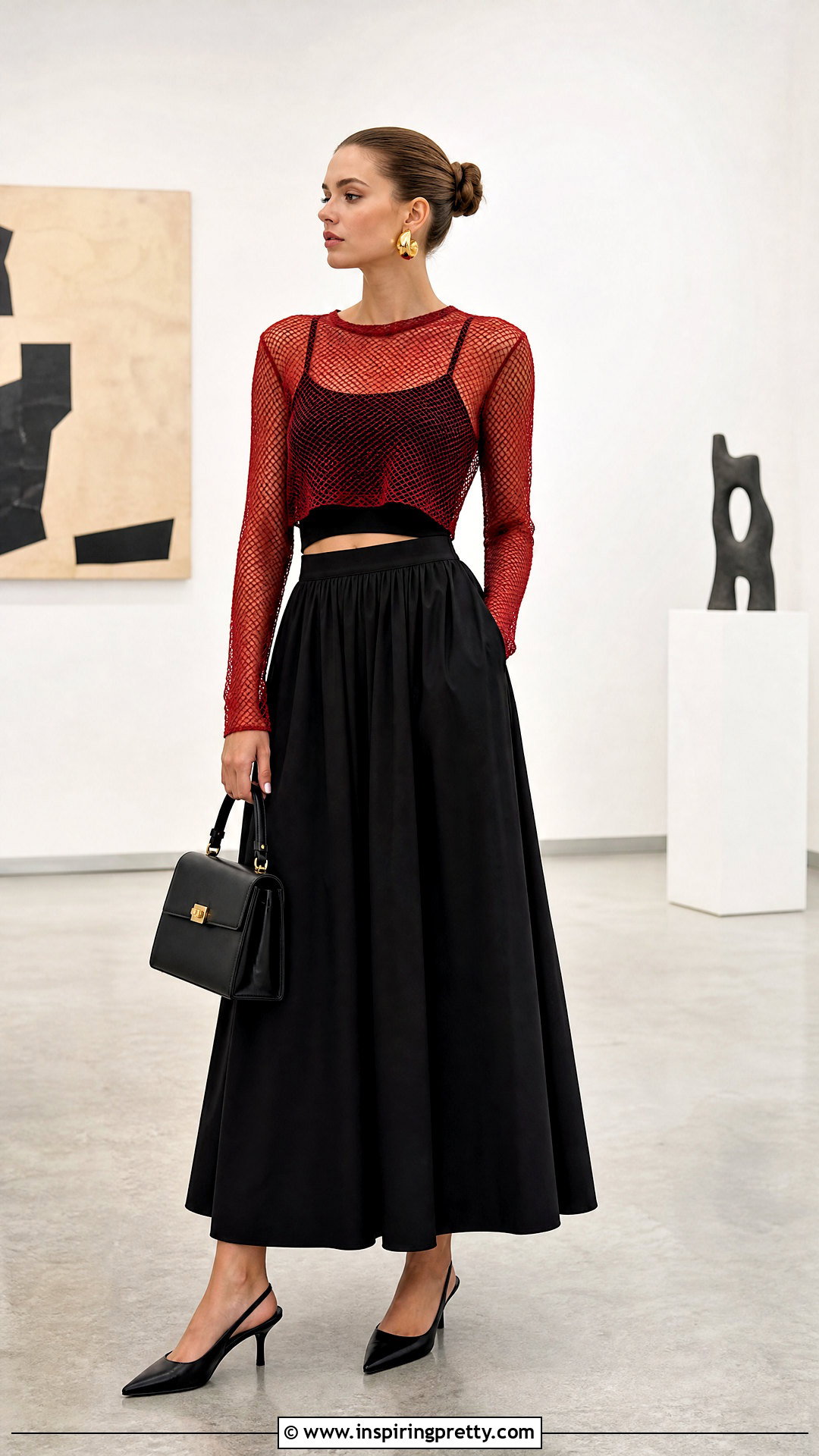 Red Mesh Crop Top With Black Maxi Skirt - 25 Red Mesh Crop Top outfit ideas