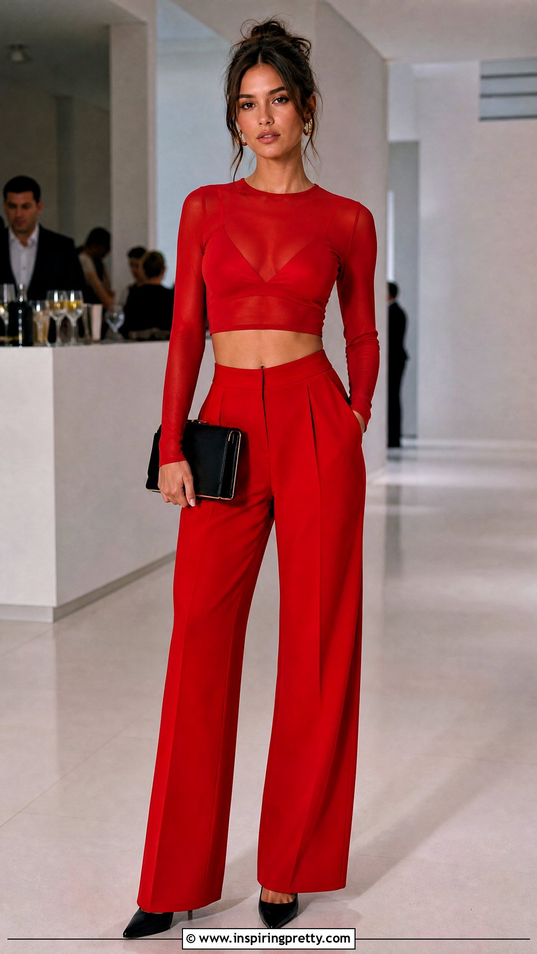 Red Mesh Crop Top With Red Wide Leg Pants - 25 Red Mesh Crop Top outfit ideas