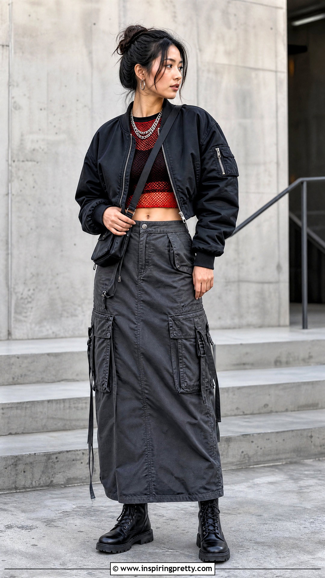 Red Mesh Crop Top With Utility Maxi Skirt - 25 Red Mesh Crop Top outfit ideas