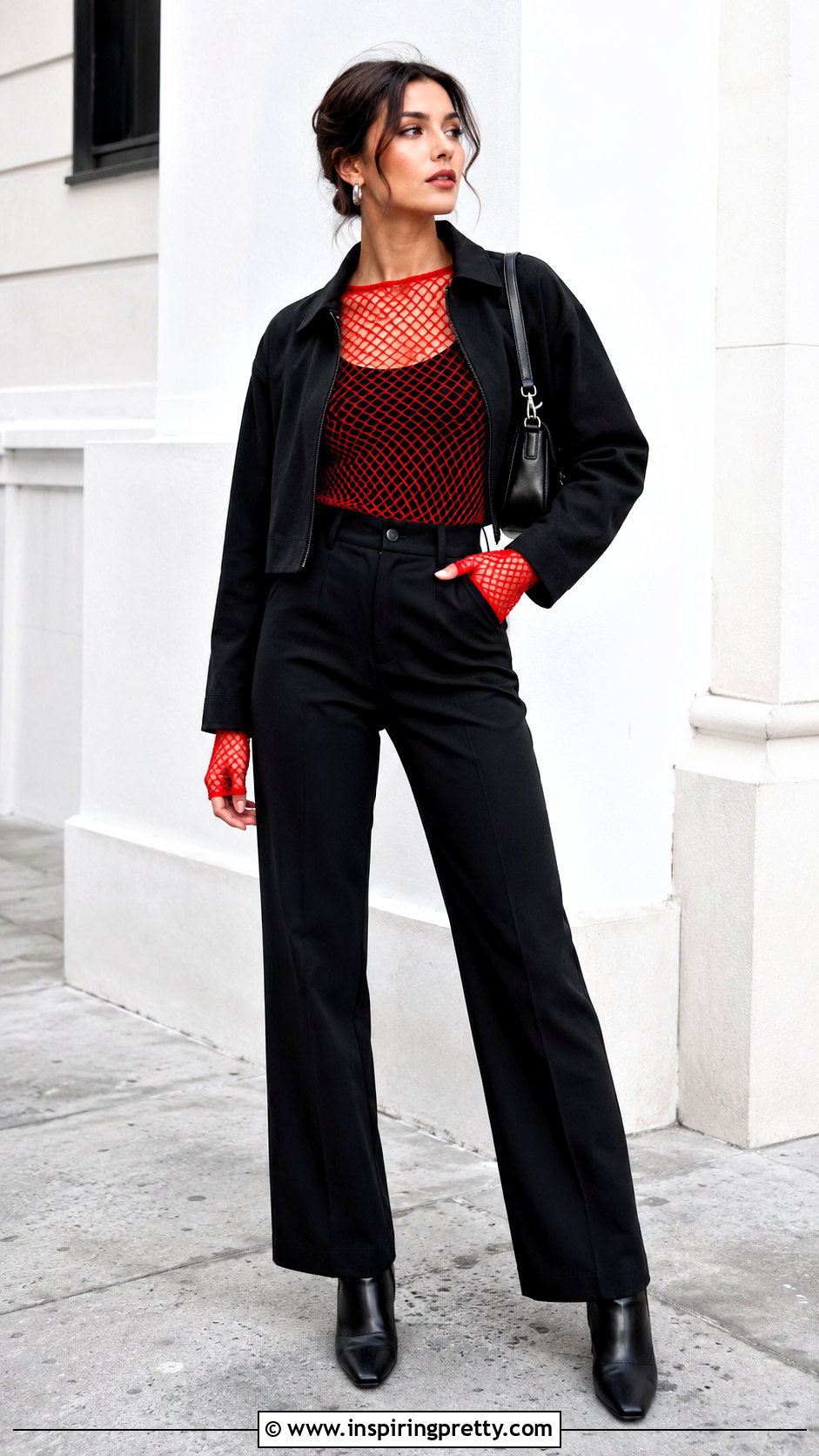 Red Mesh Fishnet Top With Black Pants - 20 mesh fishnet top outfit ideas
