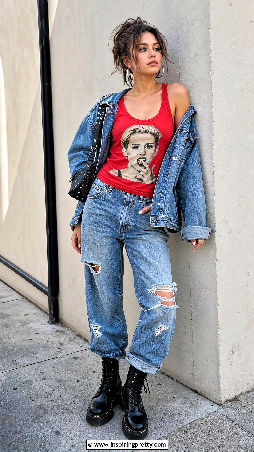Red Miley Cyrus Tank Top With Distressed Denim - 20 Miley Cyrus Tank Tops