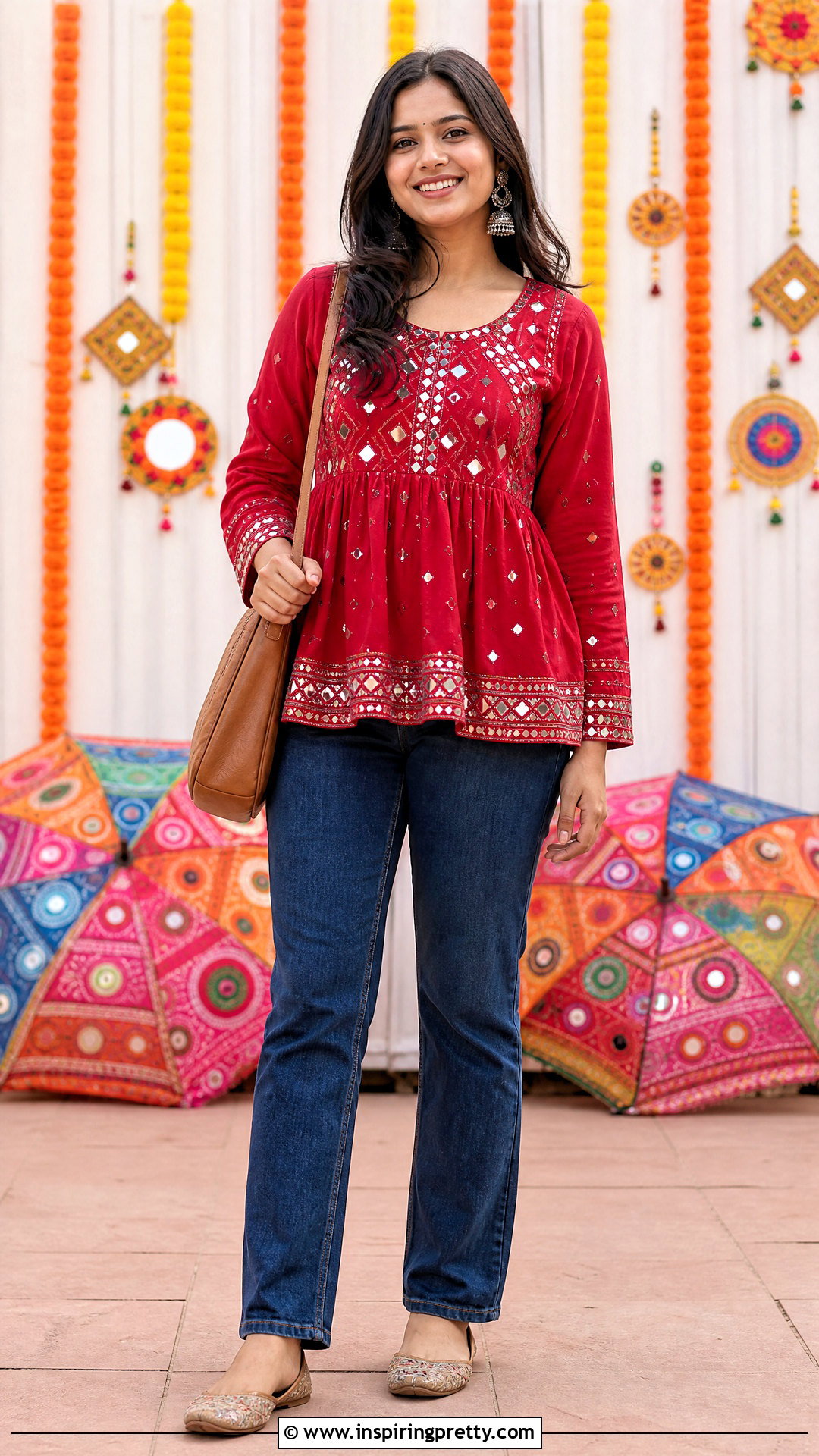 Red Mirror Work Top With Blue Jeans - 50 jeans tops indian styles