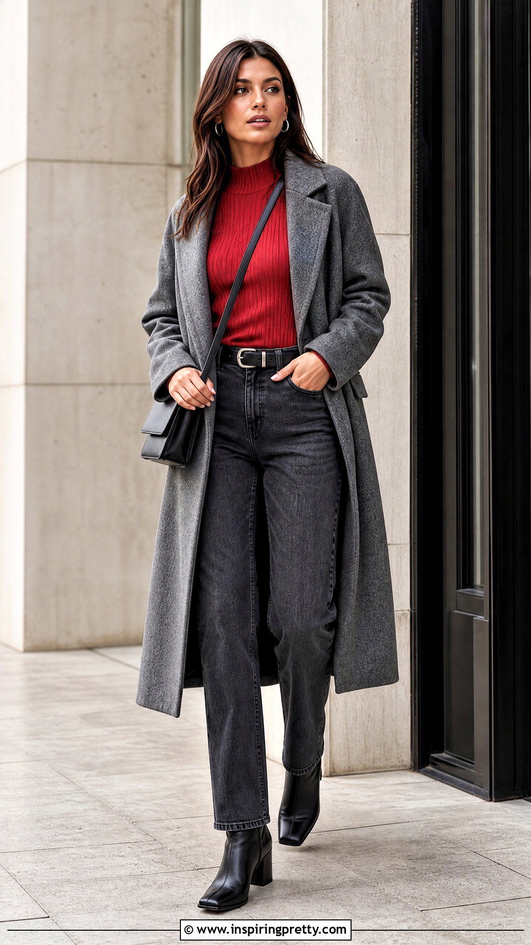 Red Mock Neck Top With Gray Jeans - 20 casual outfit with red top and jeans