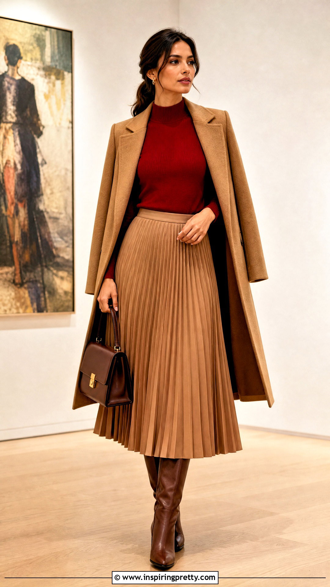 Red Mock Neck Top With Pleated Skirt - 50 red top outfit ideas