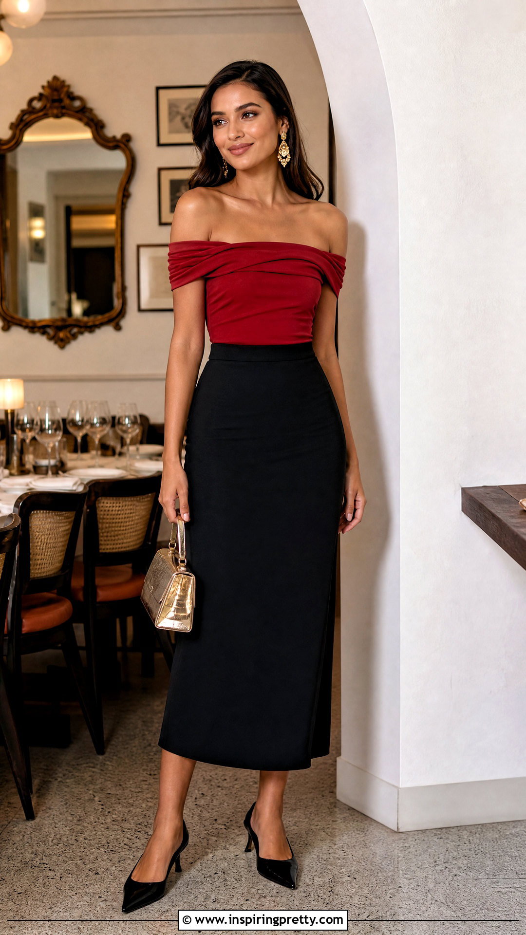 Red Off Shoulder Birthday Top With Black Skirt - 50 birthday tops for women