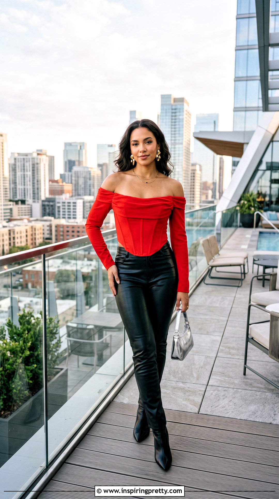 Red Off Shoulder Corset Top With Leather Pants - 25 Red Corset Top With Sleeves