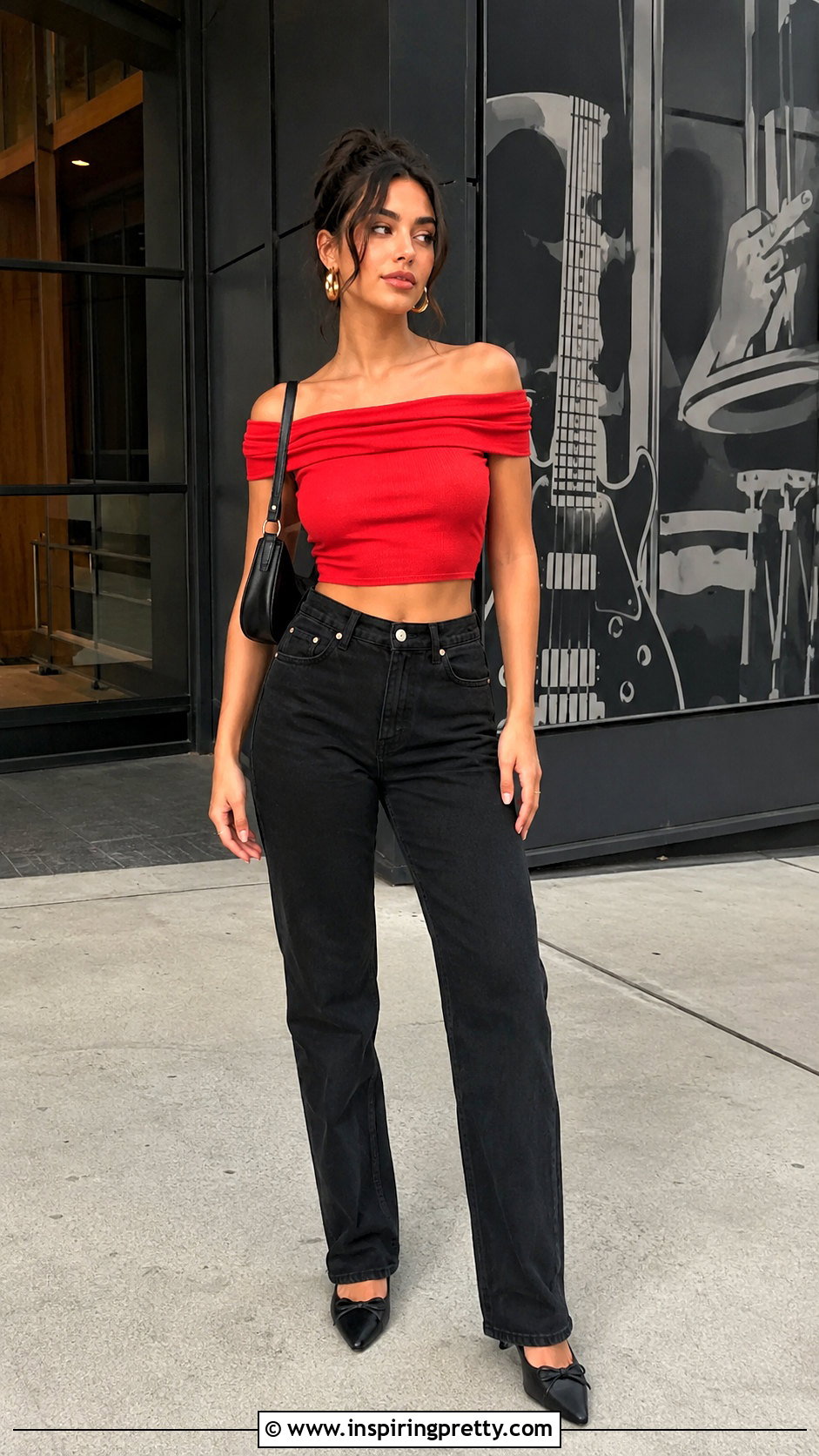 Red Off Shoulder Crop Top With Black Jeans - 20 off-shoulder crop top styles