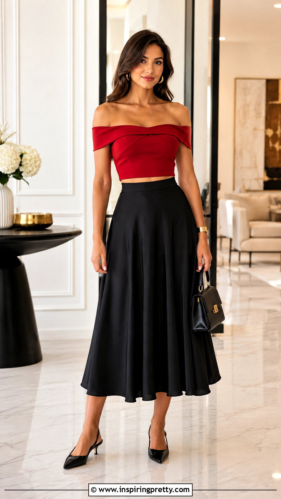 Red Off Shoulder Crop Top With Black Midi Skirt - 20 Off-Shoulder Crop Top Fashion ideas