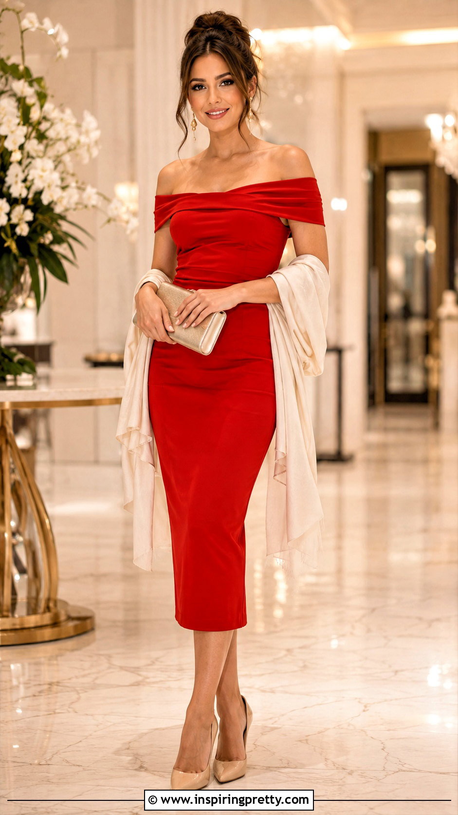Red Off Shoulder Dress With Nude Pumps - 50 top rojo outfits noche ideas