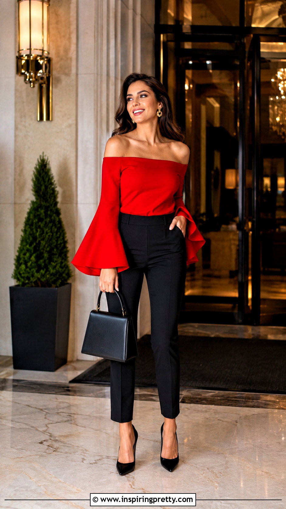 Red Off Shoulder Flare Sleeve Top With Black Pants - 25 Off Shoulder Flare Sleeve Top outfit ideas