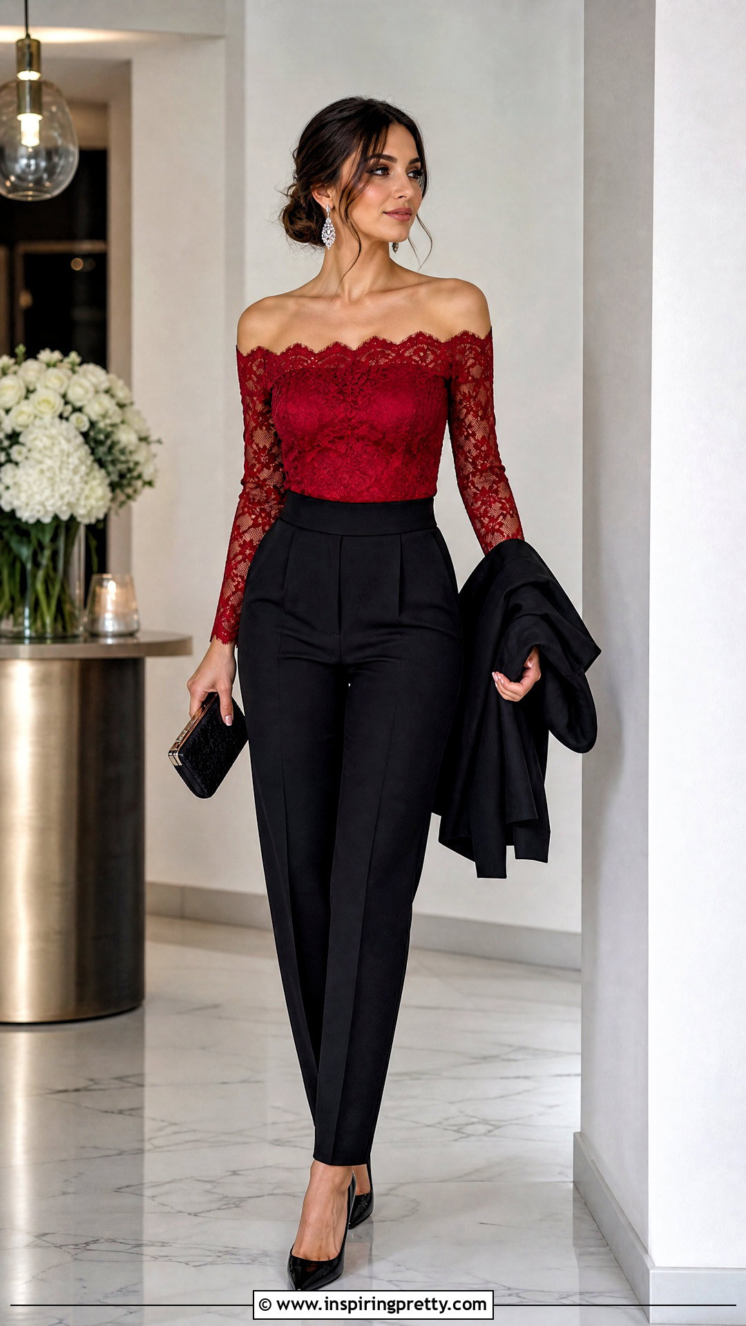 Red Off Shoulder Lace Top With Black Trousers - 50 red lace top outfit ideas
