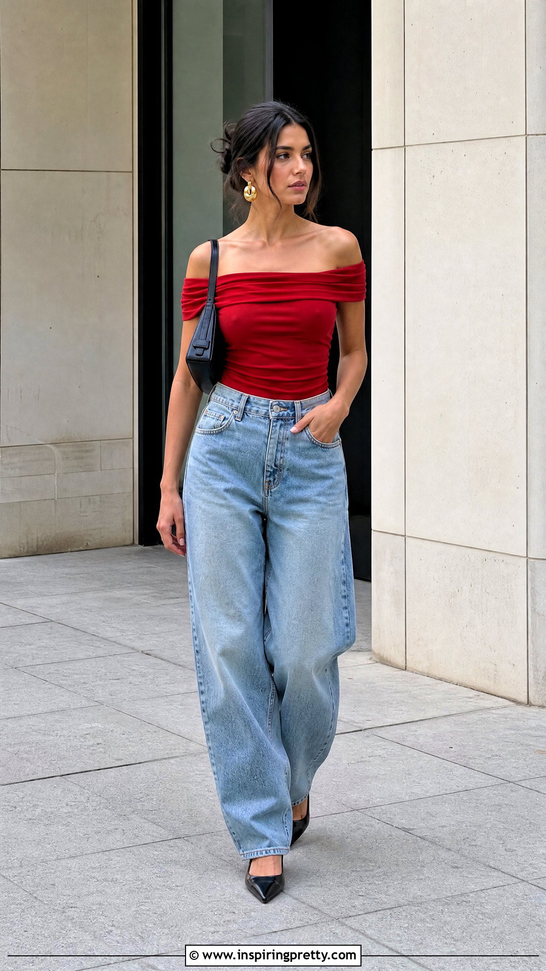 Red Off Shoulder Top With Baggy Jeans - 20 Red Off-Shoulder Top With Jeans