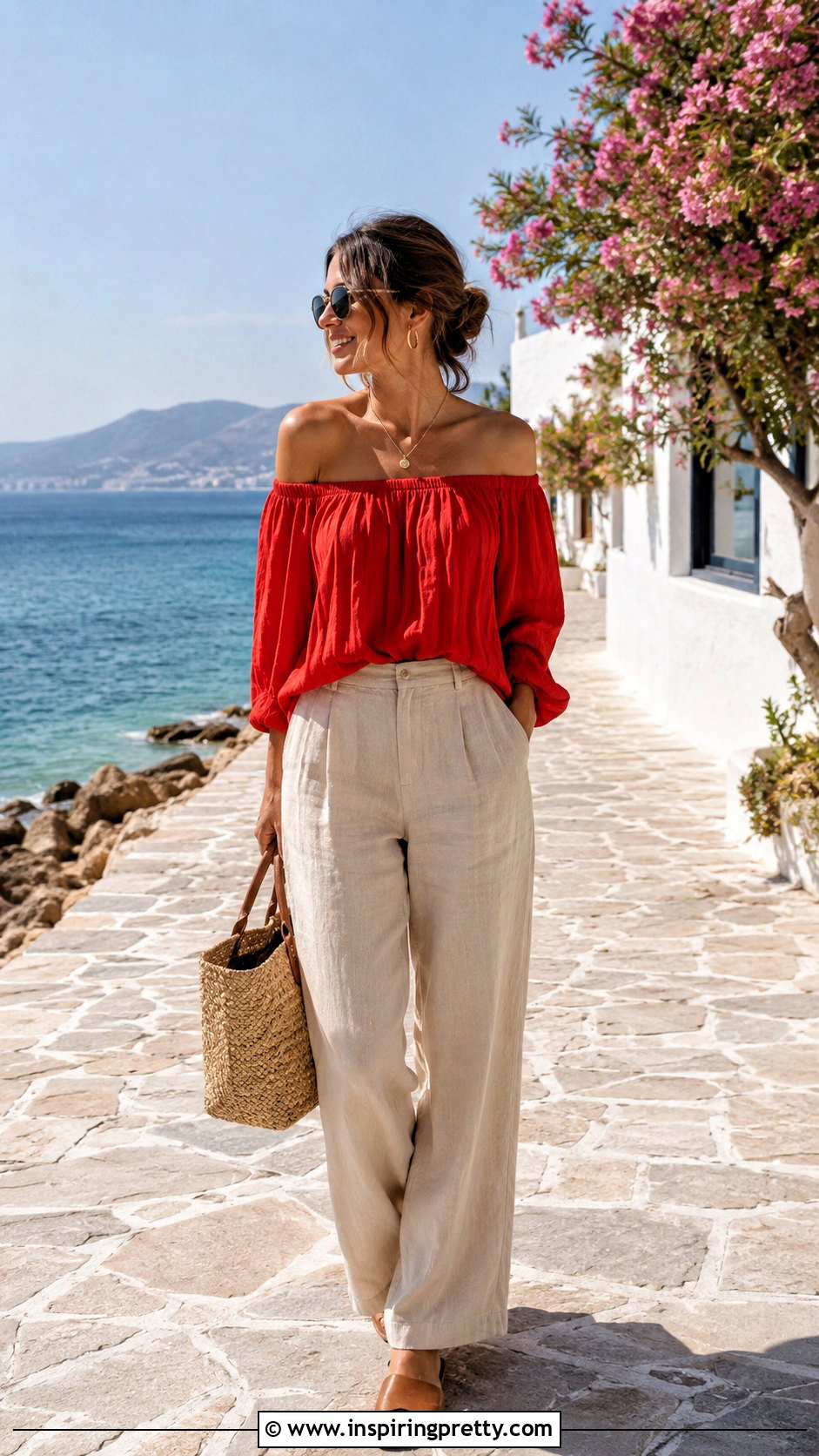 Red Off Shoulder Top With Beige Linen Pants - 50 red off shoulder top outfits