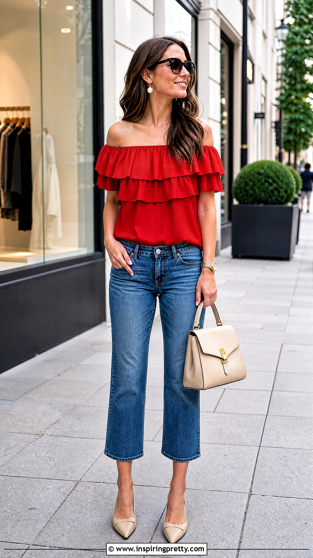 Red Off Shoulder Top With Cropped Jeans - 20 Red Off-Shoulder Top With Jeans