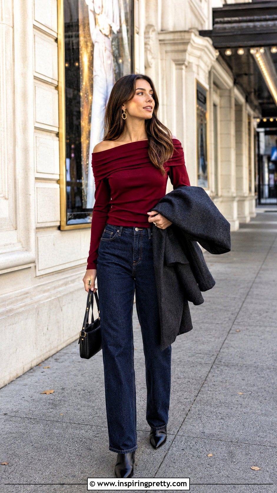 Red Off Shoulder Top With Dark Wash Denim - 20 Off-Shoulder Top Fall Fashion outfit ideas