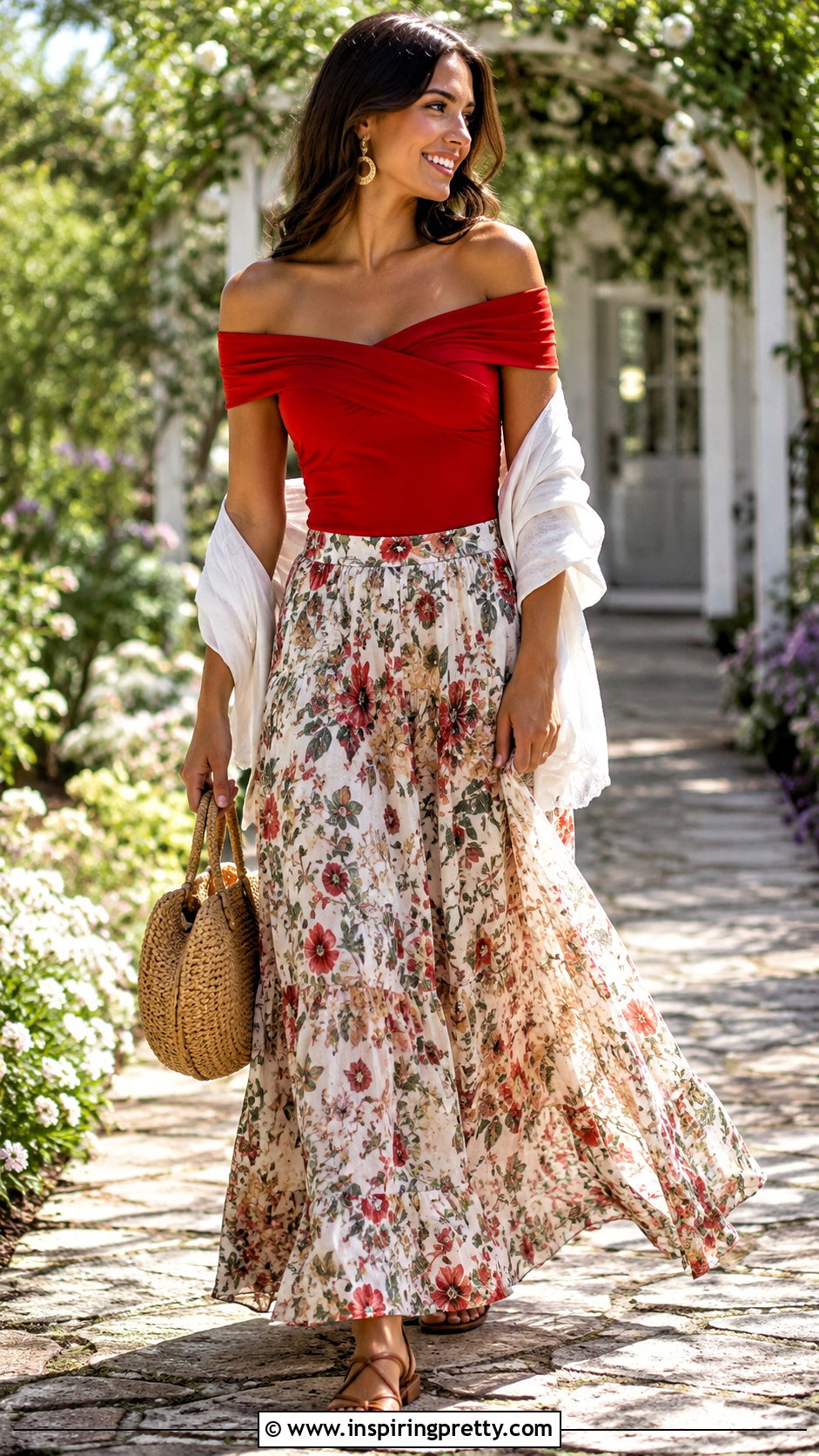 Red Off Shoulder Top With Floral Maxi Skirt - 50 red off shoulder top outfits