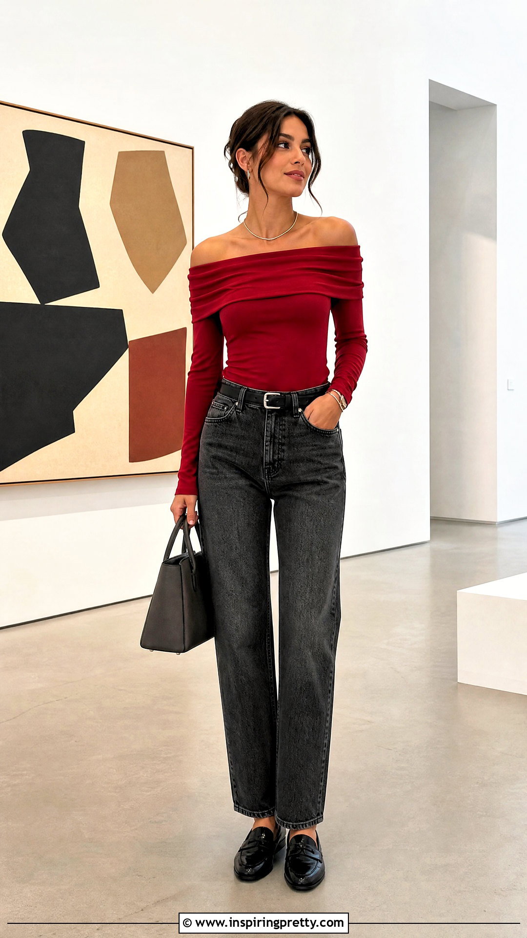 Red Off Shoulder Top With Gray Jeans - 20 Red Off-Shoulder Top With Jeans
