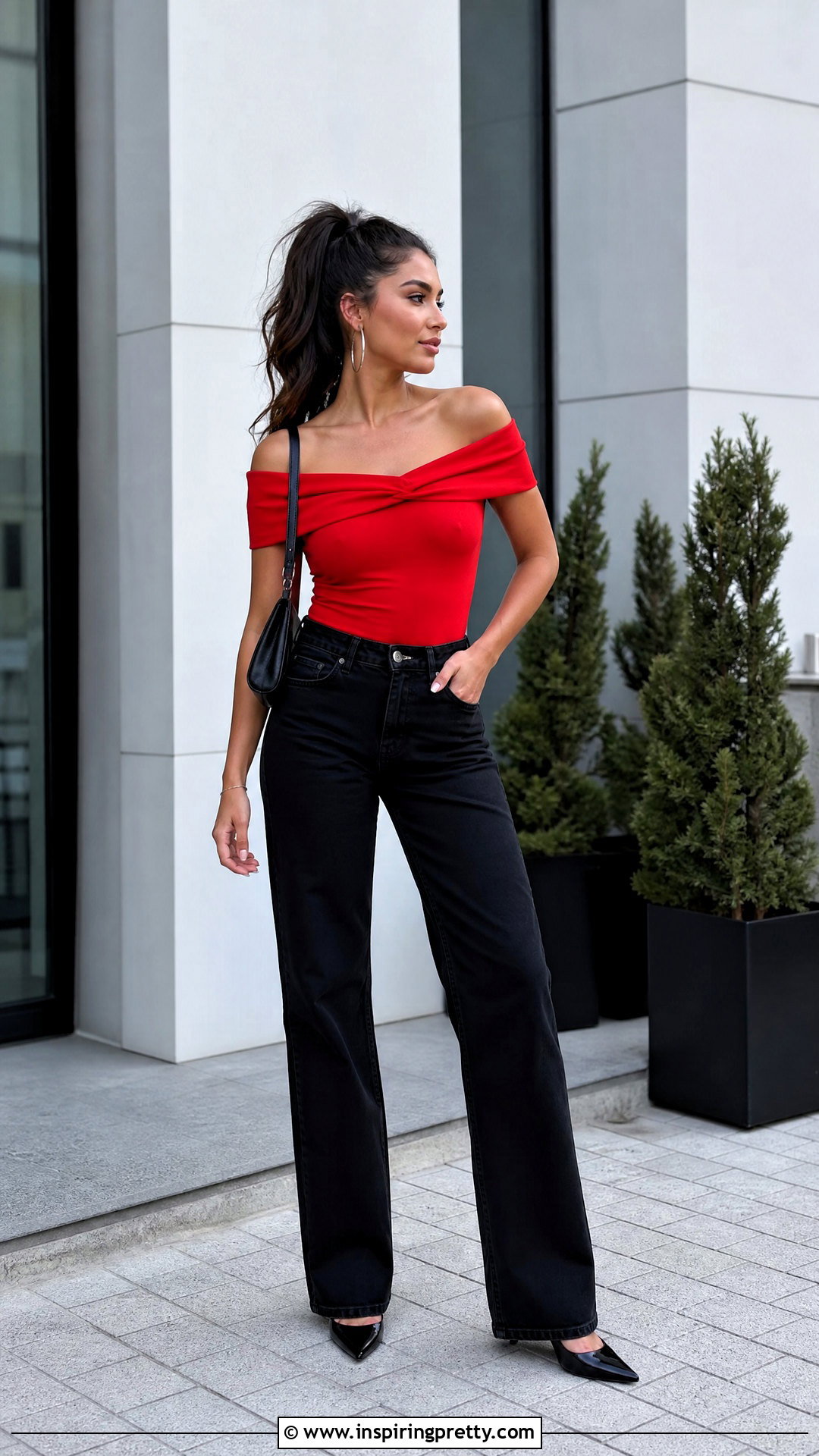 Red Off Shoulder Top With High Ponytail and Black Jeans - 50 hairstyle for off shoulder top outfit ideas