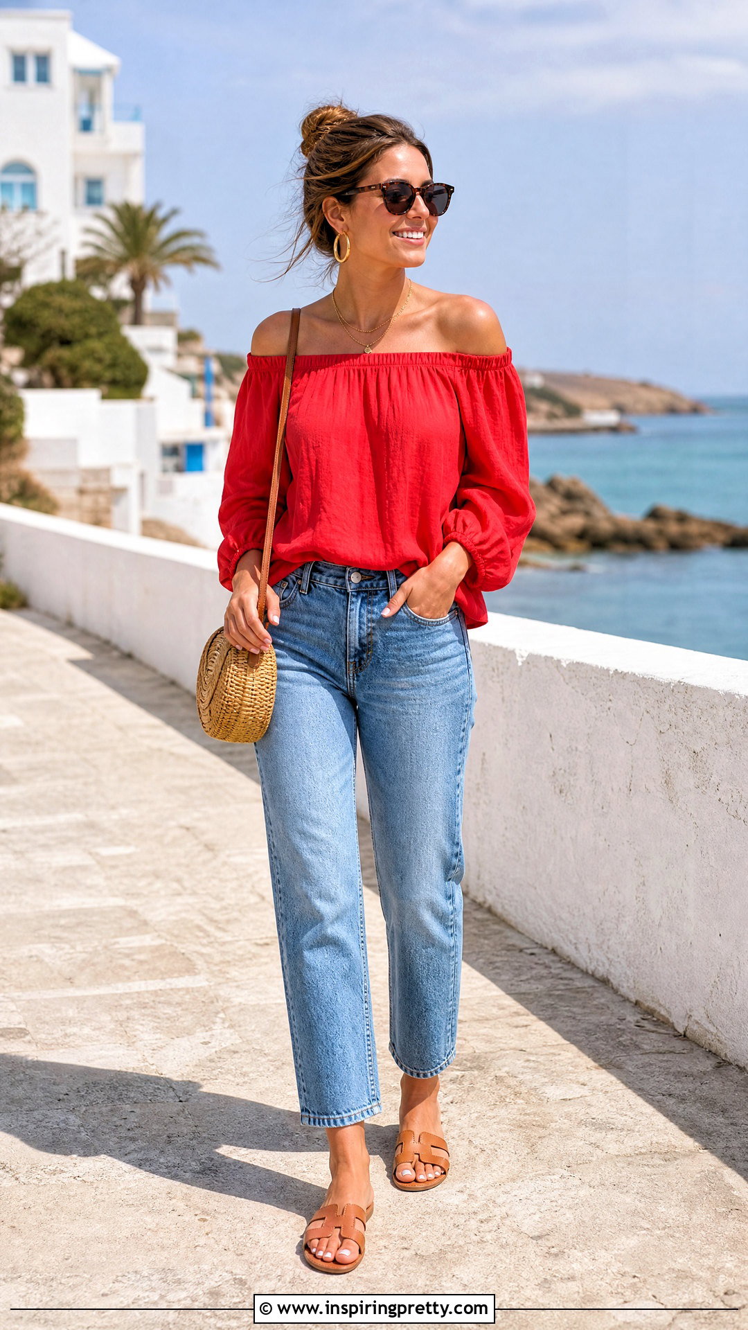 Red Off Shoulder Top With Jeans And Flat Sandals - 20 Red Off-Shoulder Top With Jeans