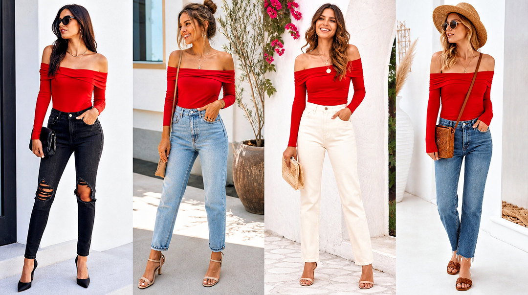 20 Red Off-Shoulder Top With Jeans for Effortless Style