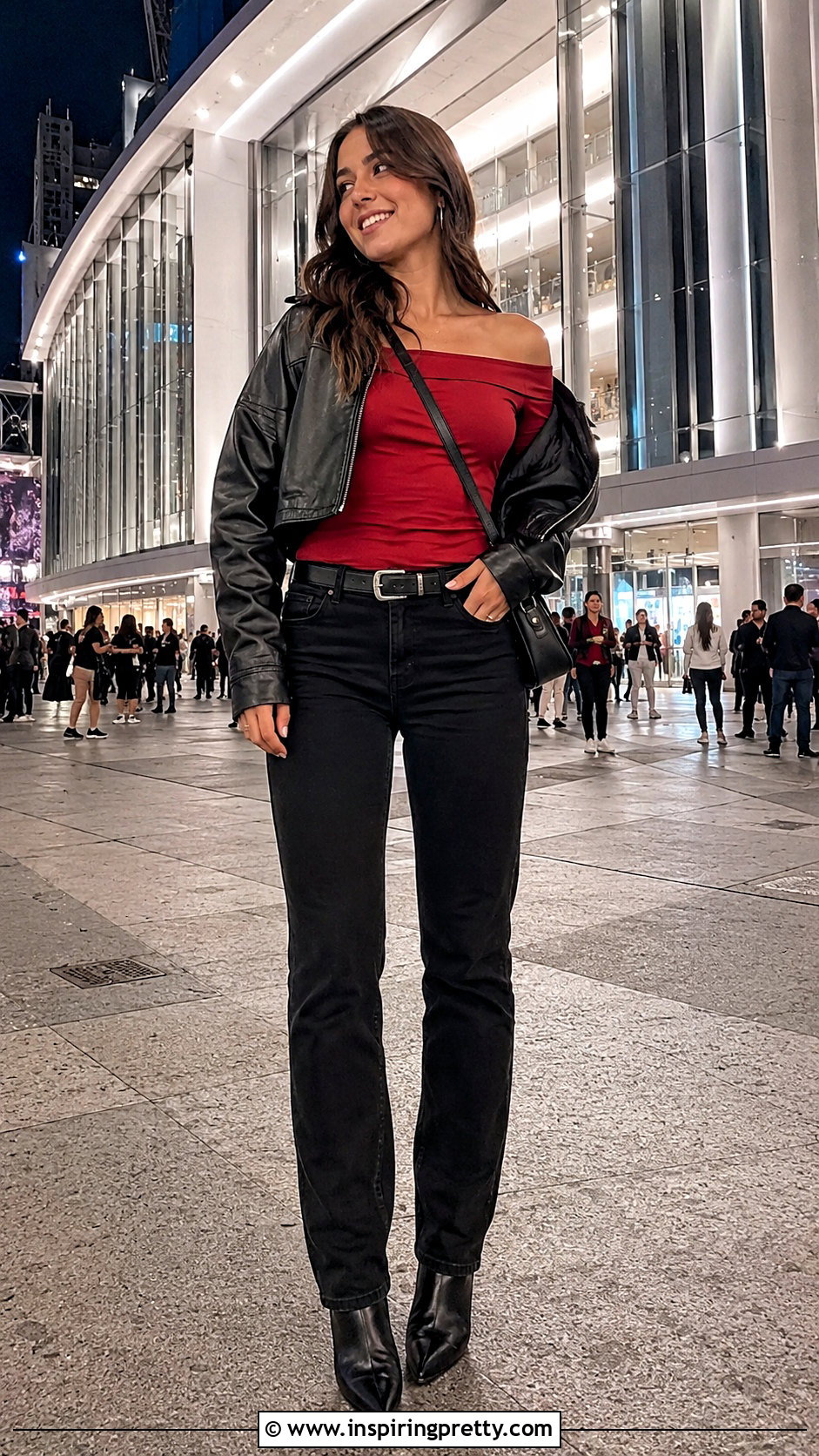 Red Off Shoulder Top With Leather Jacket And Jeans - 50 red off shoulder top outfits