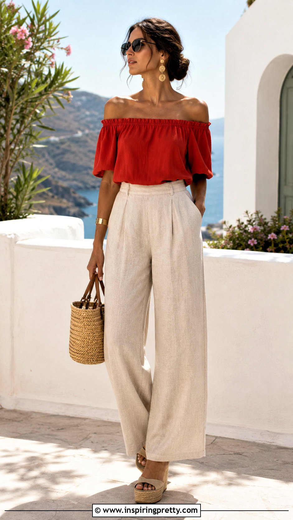 Red Off Shoulder Top With Linen Trousers - 50 red top outfit summer ideas