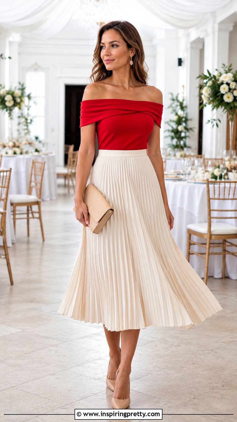 Red Off Shoulder Top With Pleated Midi Skirt - 50 red off shoulder top outfits