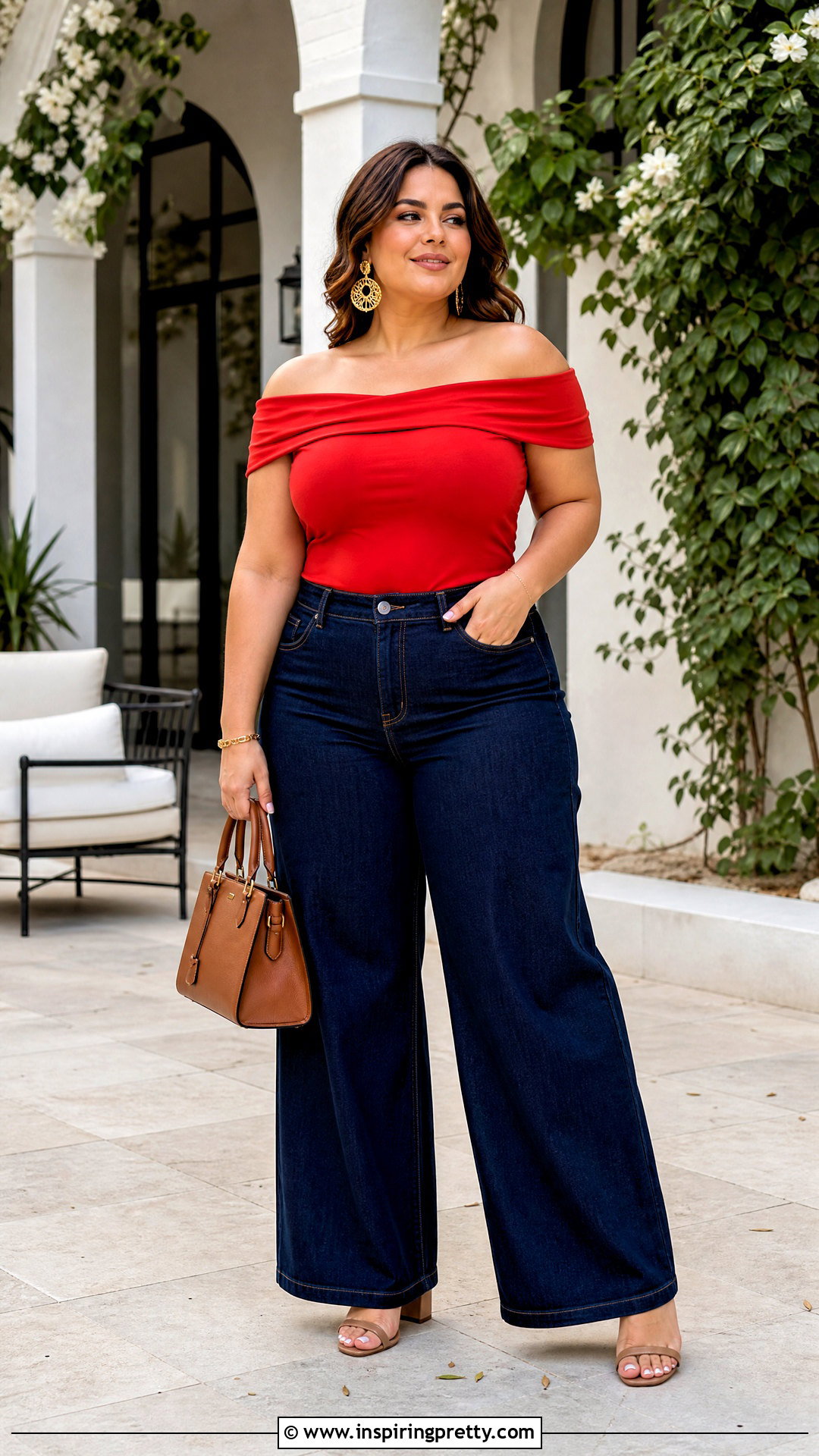 Red Off Shoulder Top With Plus Size Wide Leg Jeans - 20 Red Off-Shoulder Top With Jeans