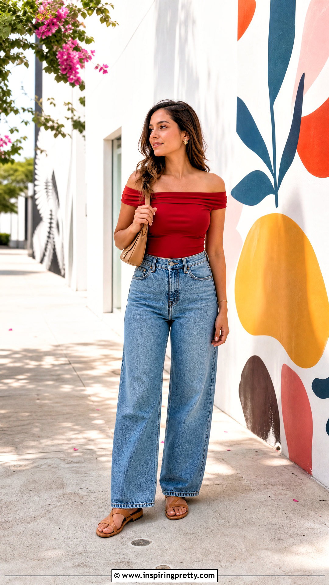 Red Off Shoulder Top With Relaxed Jeans - 50 red top outfit casual ideas
