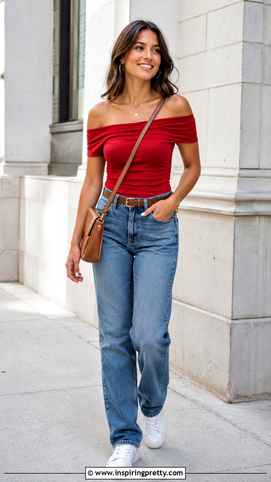 Red Off Shoulder Top With Straight Leg Jeans - 50 red off shoulder top outfits