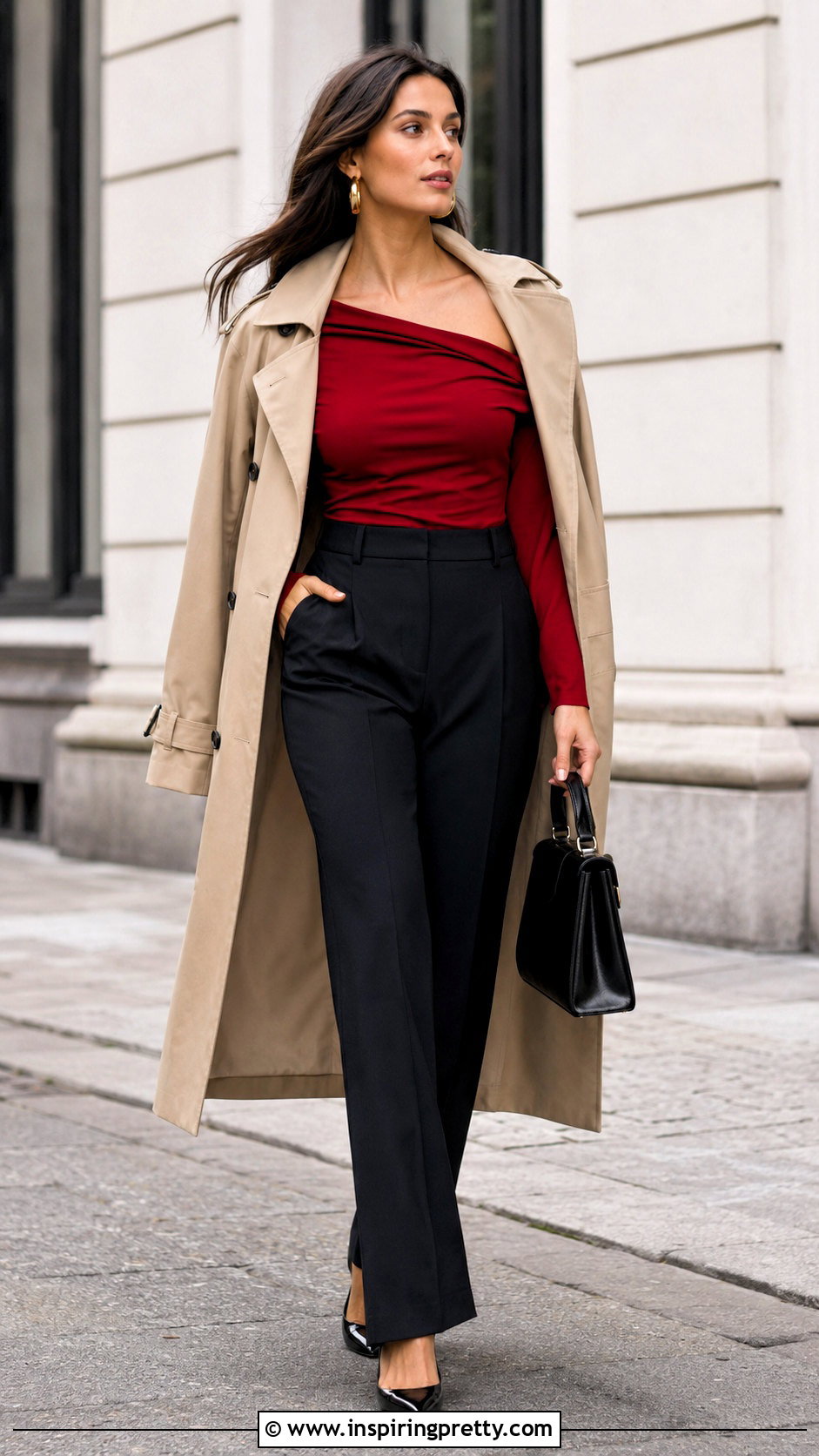 Red Off Shoulder Top With Trench Coat And Trousers - 50 red off shoulder top outfits