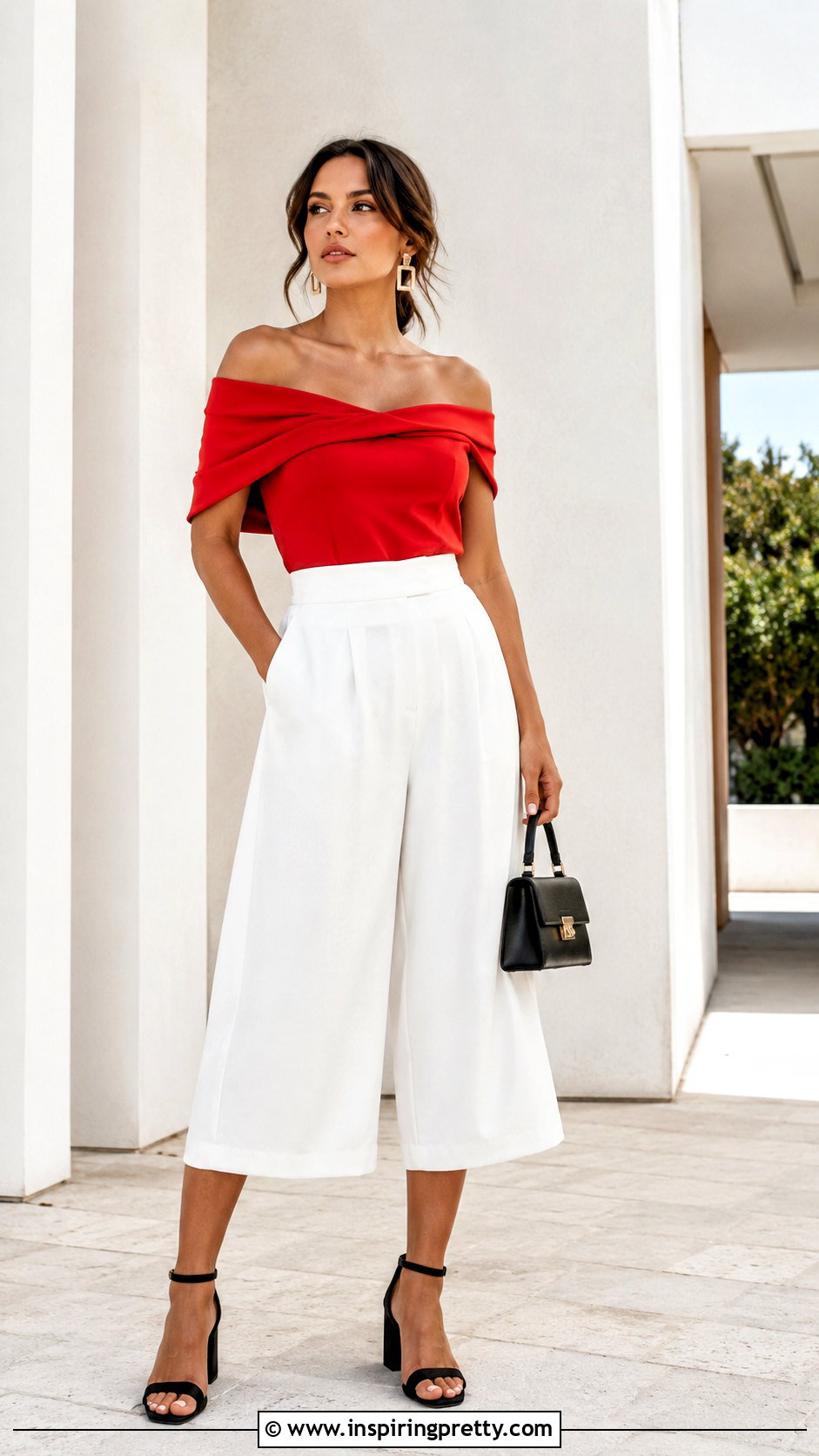Red Off Shoulder Top With White Culottes - 50 red off shoulder top outfits