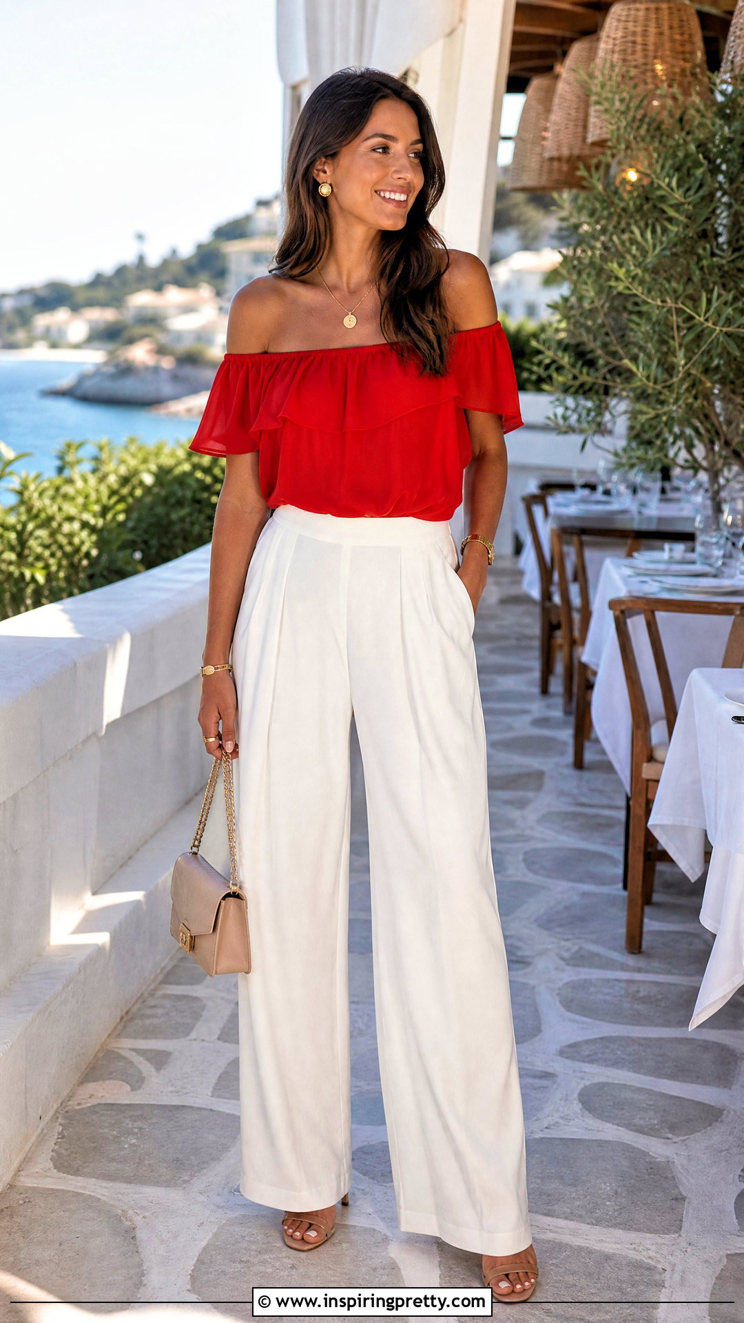 Red Off Shoulder Top With White Pants - 50 shoulder off top outfits