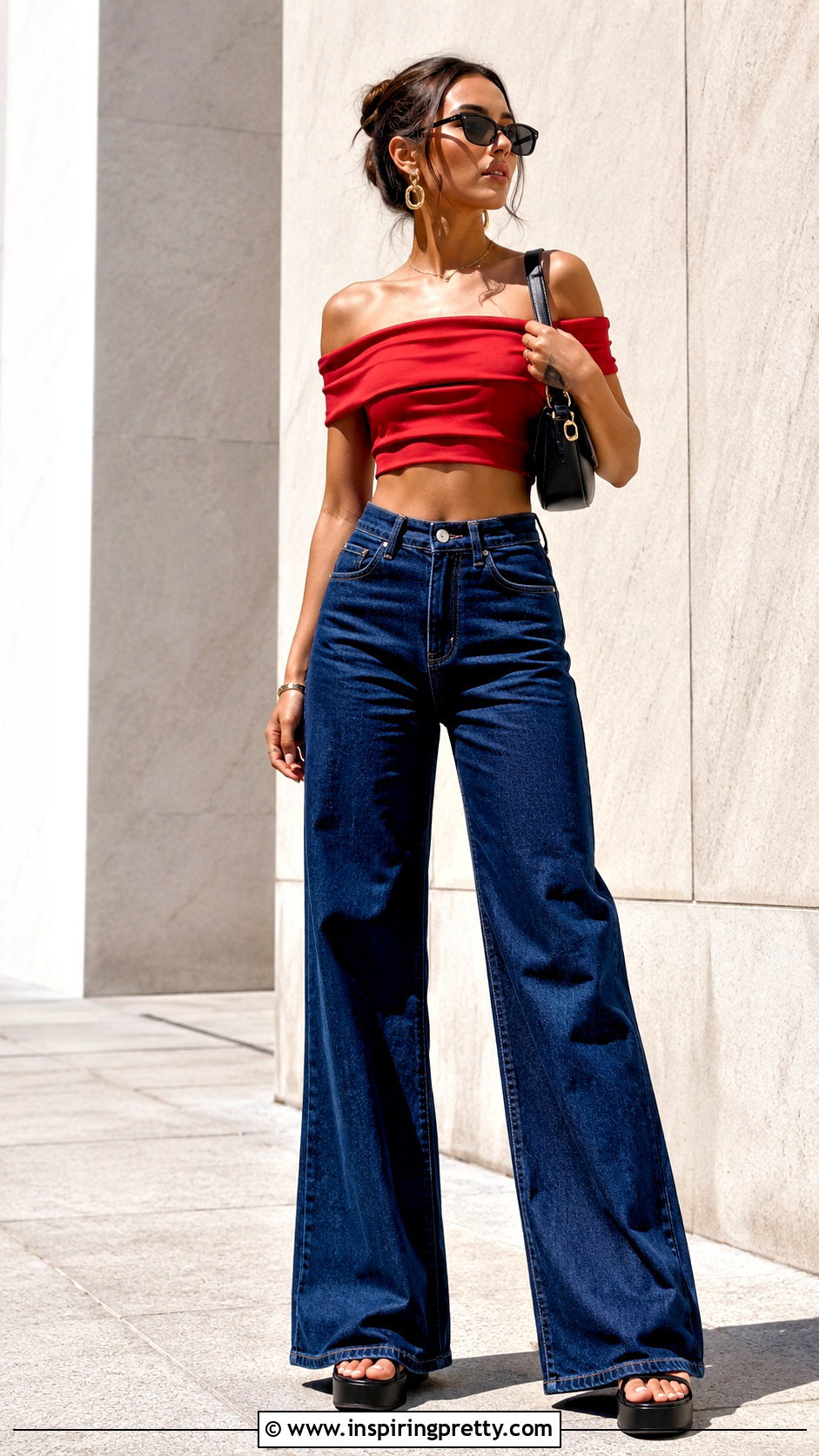 Red Off Shoulder Top With Wide Leg Jeans - 50 red off shoulder top outfits
