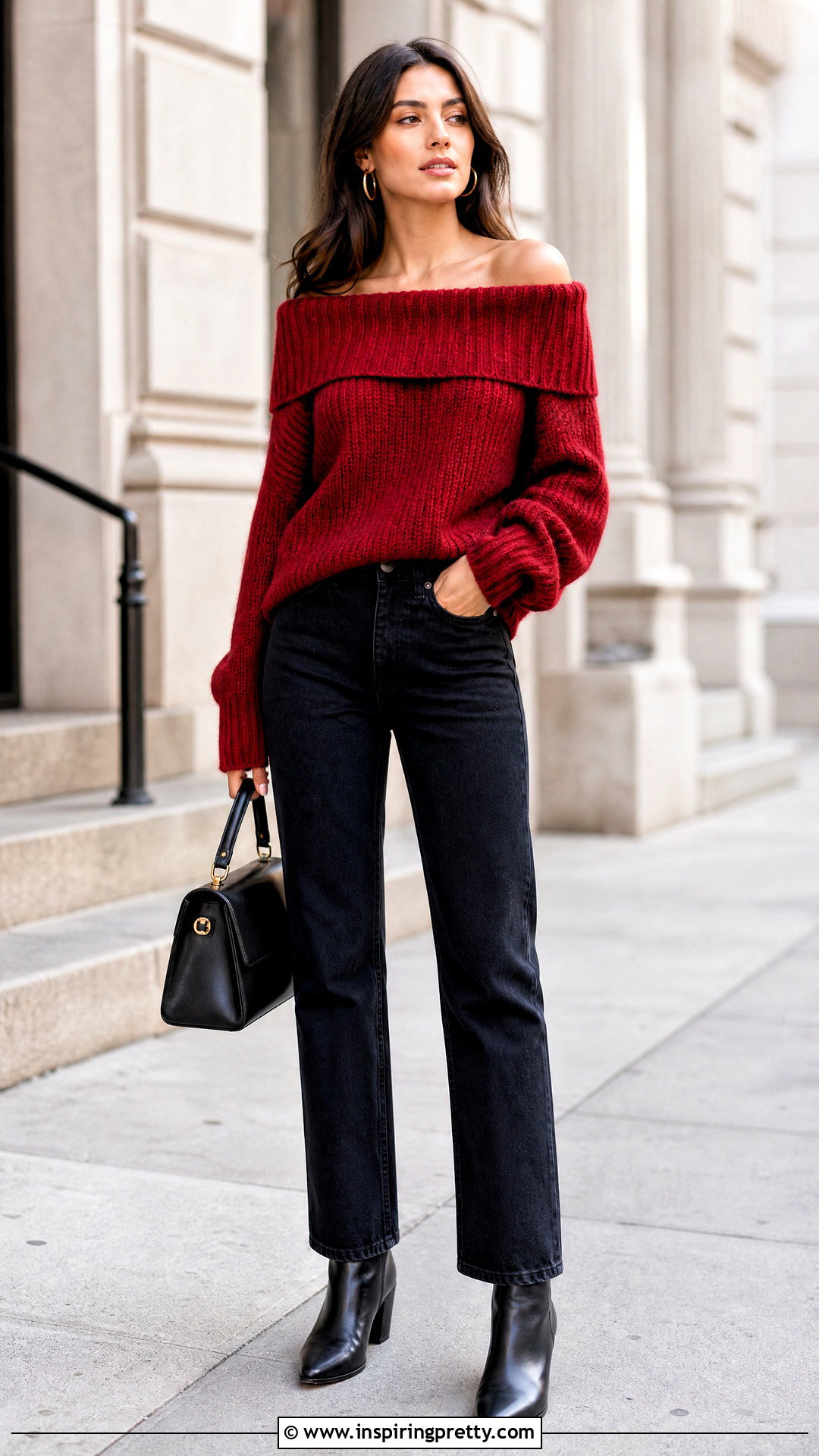 Red Off The Shoulder Sweater With Jeans - 50 red off the shoulder top outfit ideas