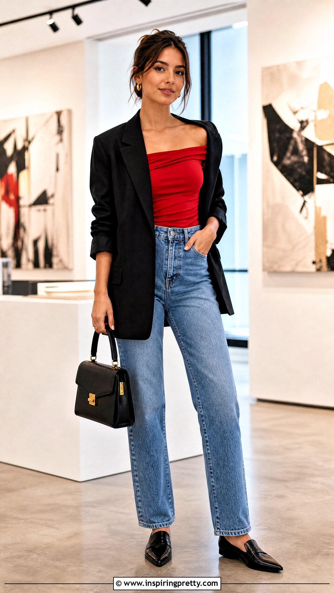 Red Off The Shoulder Top With A Black Blazer - 50 red off the shoulder top outfit ideas