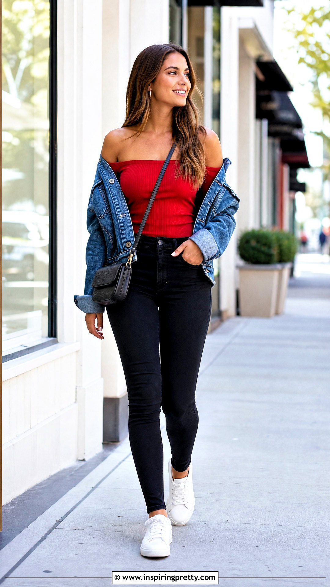 Red Off The Shoulder Top With A Denim Jacket - 50 red off the shoulder top outfit ideas